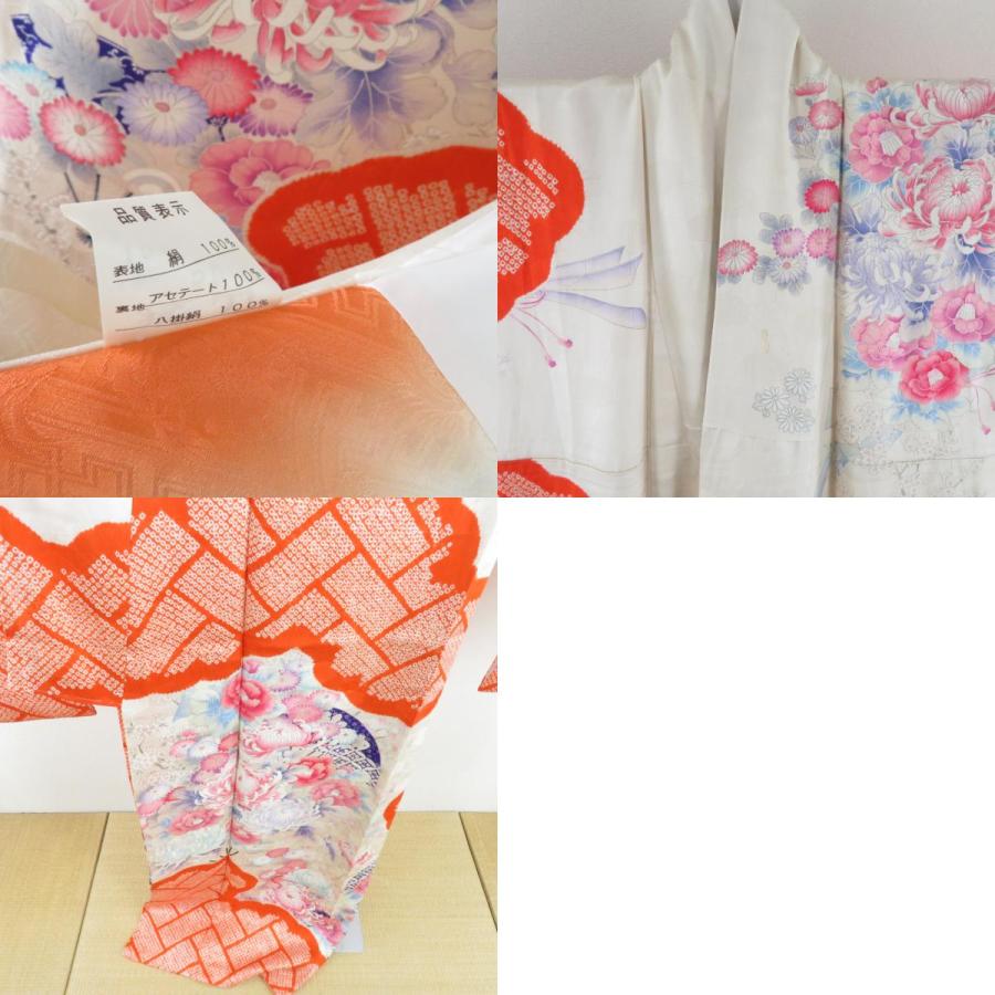 振袖 絞り 花文様 亀甲地紋 橙色 白色 正絹 袷 広衿 成人式 卒業式 フォーマル 身丈168cm |  | 09