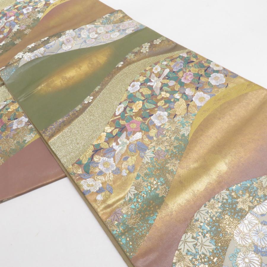 袋帯 裂取花鳥文 茶緑色 金糸 六通柄 正絹 礼装 フォーマル 着物帯 長