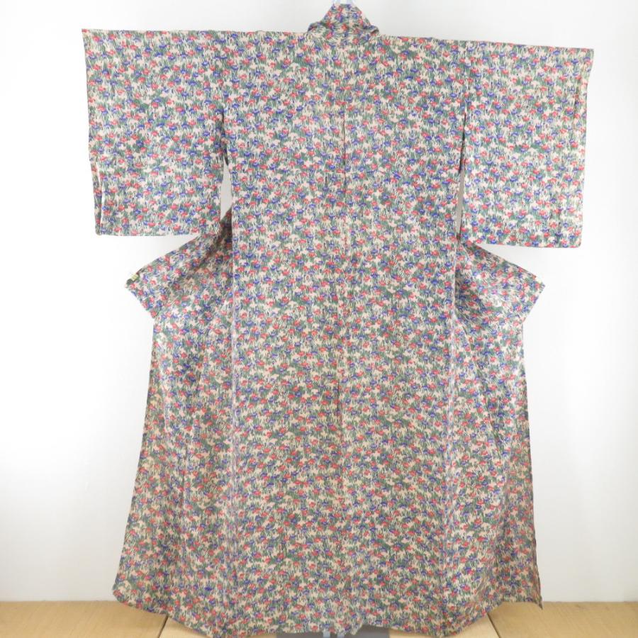 小紋 アンティーク 絽 夏用 菖蒲文様 ベージュ色 単衣 広衿 正絹 レトロ 昔着物 身丈153cm | 