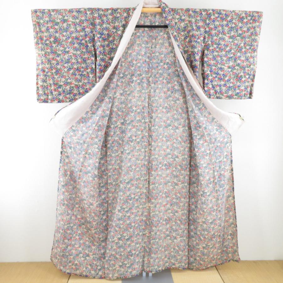 小紋 アンティーク 絽 夏用 菖蒲文様 ベージュ色 単衣 広衿 正絹 レトロ 昔着物 身丈153cm |  | 05