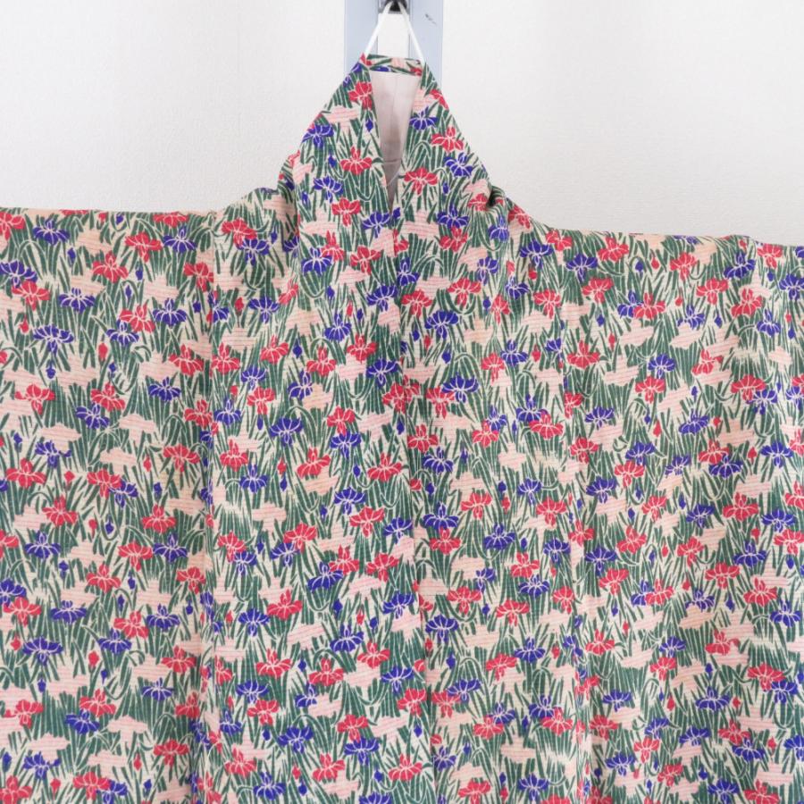 小紋 アンティーク 絽 夏用 菖蒲文様 ベージュ色 単衣 広衿 正絹 レトロ 昔着物 身丈153cm |  | 08