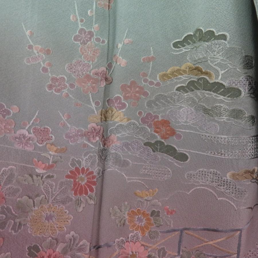 訪問着 刺繍 ぼかしに花文様 緑色 茶色 袷 広衿 正絹 一つ紋 五三桐文 仕立て上がり着物 身丈156cm |  | 04