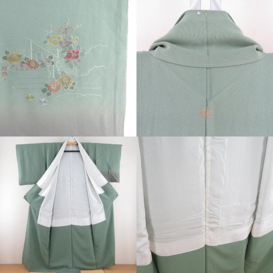 訪問着 刺繍 ぼかしに花文様 緑色 茶色 袷 広衿 正絹 一つ紋 五三桐文 仕立て上がり着物 身丈156cm |  | 08