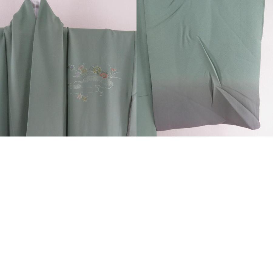 訪問着 刺繍 ぼかしに花文様 緑色 茶色 袷 広衿 正絹 一つ紋 五三桐文 仕立て上がり着物 身丈156cm |  | 09