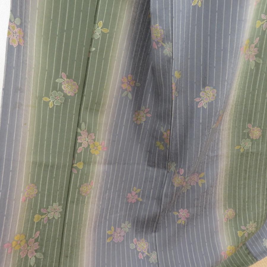 小紋 箔 ぼかし 縞に桜文様 単衣 広衿 正絹 緑色 青紫色 仕立て上がり カジュアル 身丈163cm |  | 01