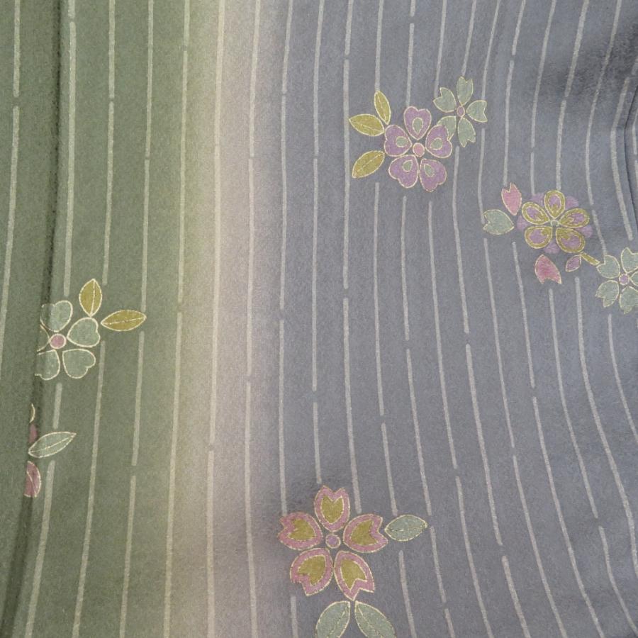 小紋 箔 ぼかし 縞に桜文様 単衣 広衿 正絹 緑色 青紫色 仕立て上がり カジュアル 身丈163cm |  | 02