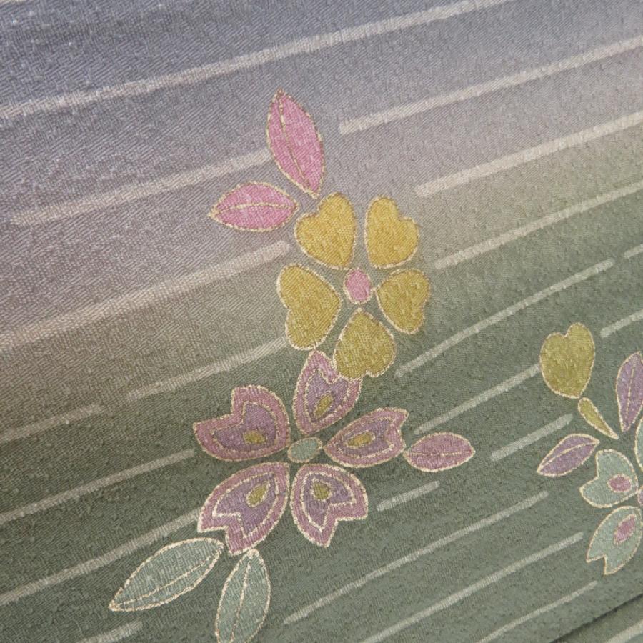 小紋 箔 ぼかし 縞に桜文様 単衣 広衿 正絹 緑色 青紫色 仕立て上がり カジュアル 身丈163cm |  | 03