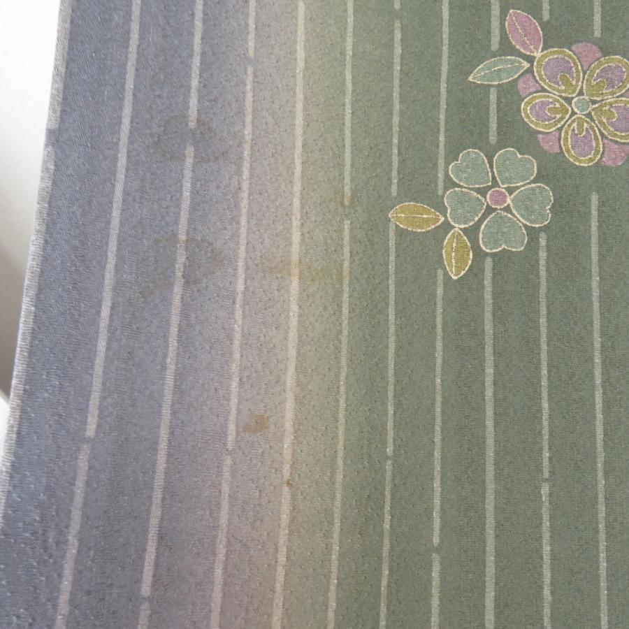 小紋 箔 ぼかし 縞に桜文様 単衣 広衿 正絹 緑色 青紫色 仕立て上がり カジュアル 身丈163cm |  | 05