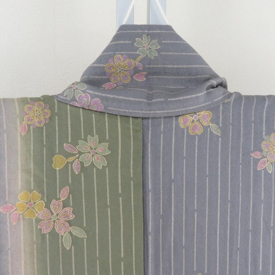 小紋 箔 ぼかし 縞に桜文様 単衣 広衿 正絹 緑色 青紫色 仕立て上がり カジュアル 身丈163cm |  | 06