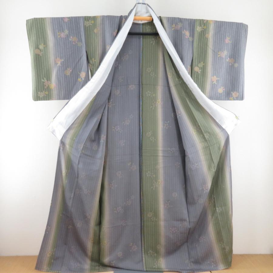 小紋 箔 ぼかし 縞に桜文様 単衣 広衿 正絹 緑色 青紫色 仕立て上がり カジュアル 身丈163cm |  | 07