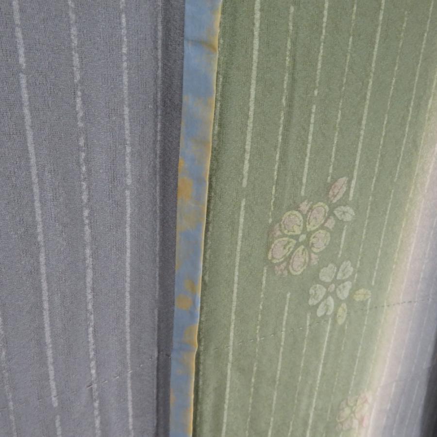 小紋 箔 ぼかし 縞に桜文様 単衣 広衿 正絹 緑色 青紫色 仕立て上がり カジュアル 身丈163cm |  | 08