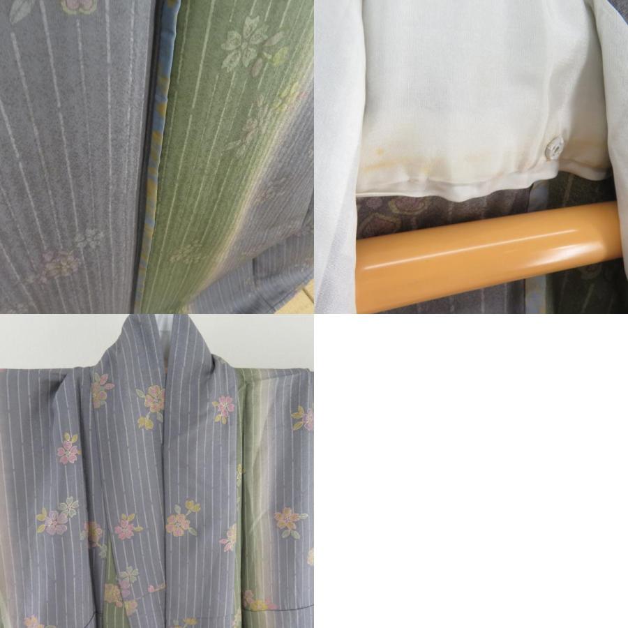 小紋 箔 ぼかし 縞に桜文様 単衣 広衿 正絹 緑色 青紫色 仕立て上がり カジュアル 身丈163cm |  | 09