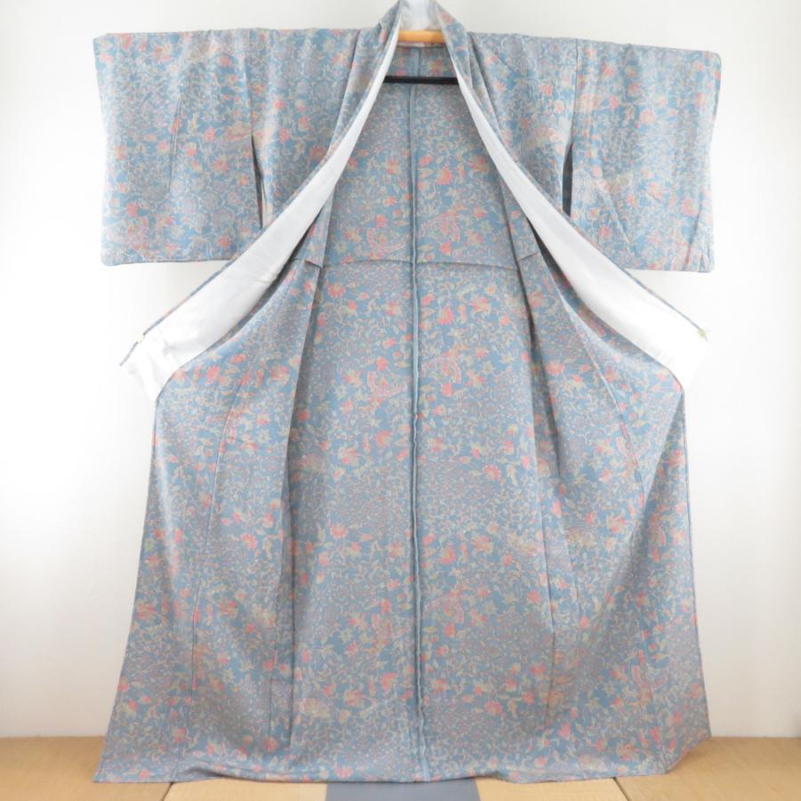 小紋 花唐草文様 単衣 広衿 正絹 薄青色 仕立て上がり カジュアル着物 