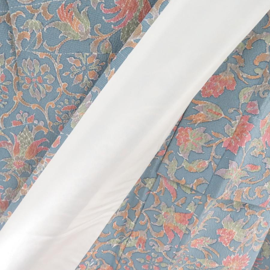 小紋 花唐草文様 単衣 広衿 正絹 薄青色 仕立て上がり カジュアル着物