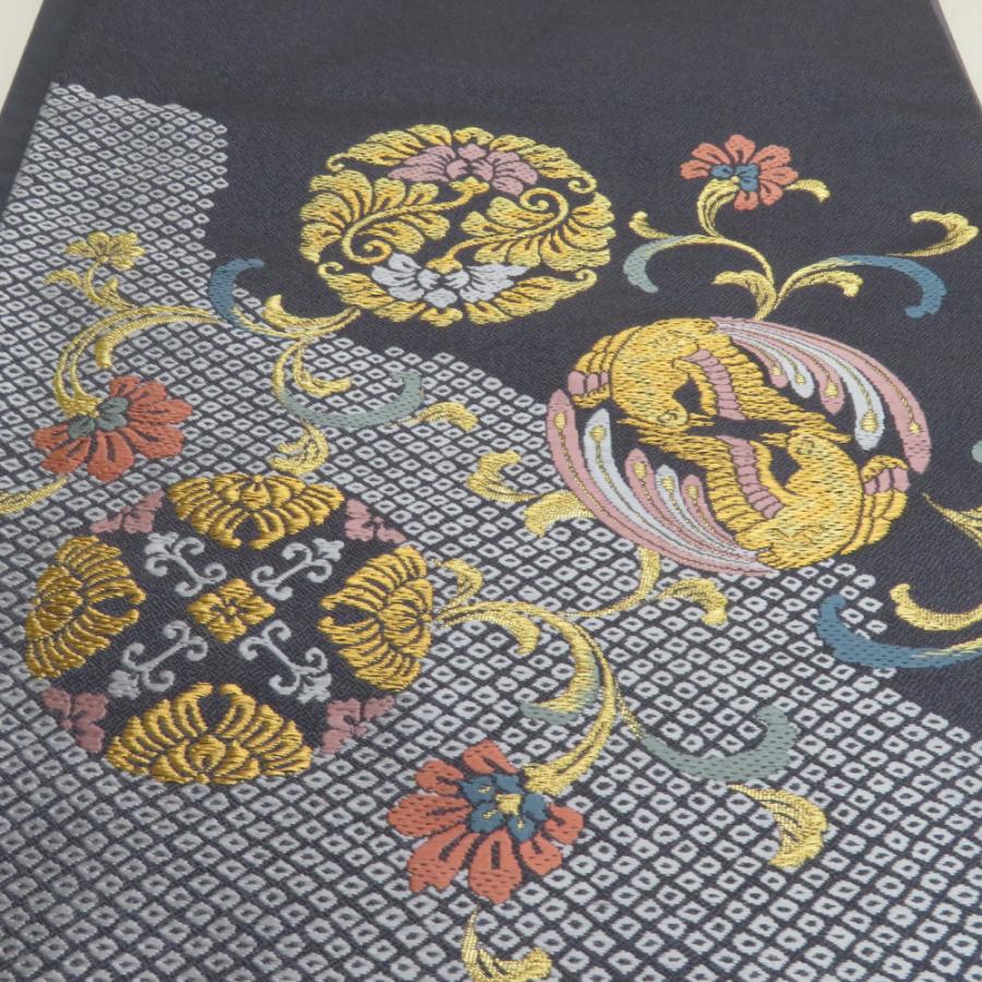 袋帯 鹿の子に花鳥丸文 紫色 金糸 正絹 礼装 フォーマル 着物帯 長さ436cm |  | 05