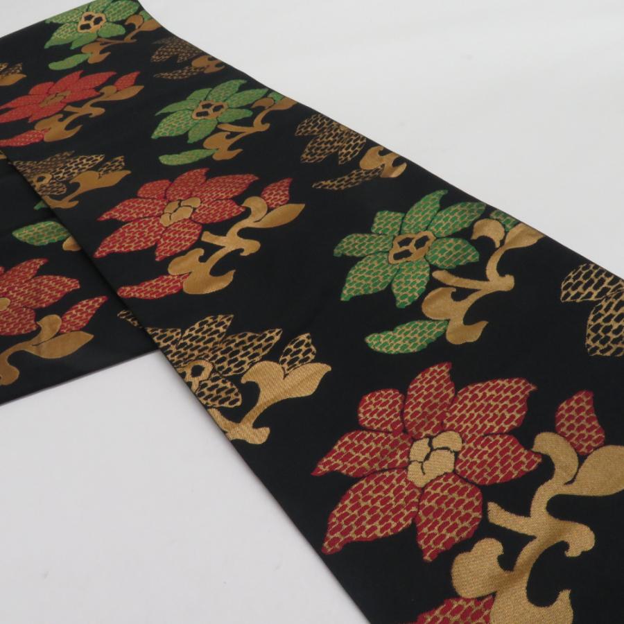 袋帯 花唐草文様 黒色 金糸 正絹 全通柄 着物帯 長さ424cm |  | 01