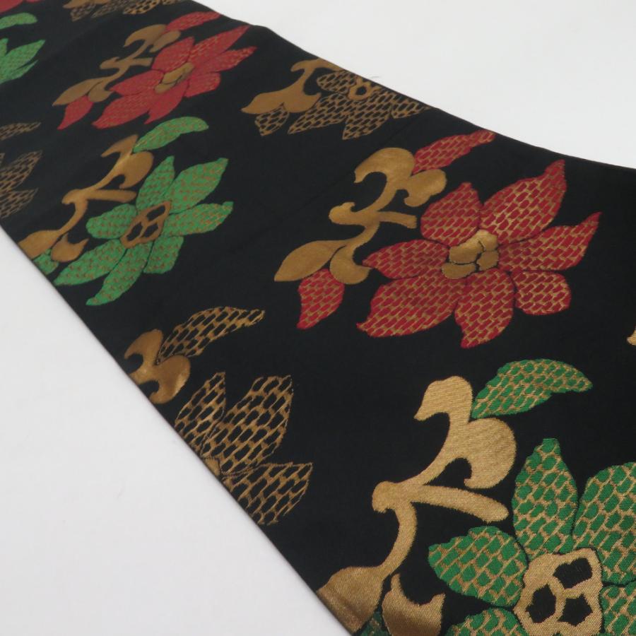 袋帯 花唐草文様 黒色 金糸 正絹 全通柄 着物帯 長さ424cm |  | 02