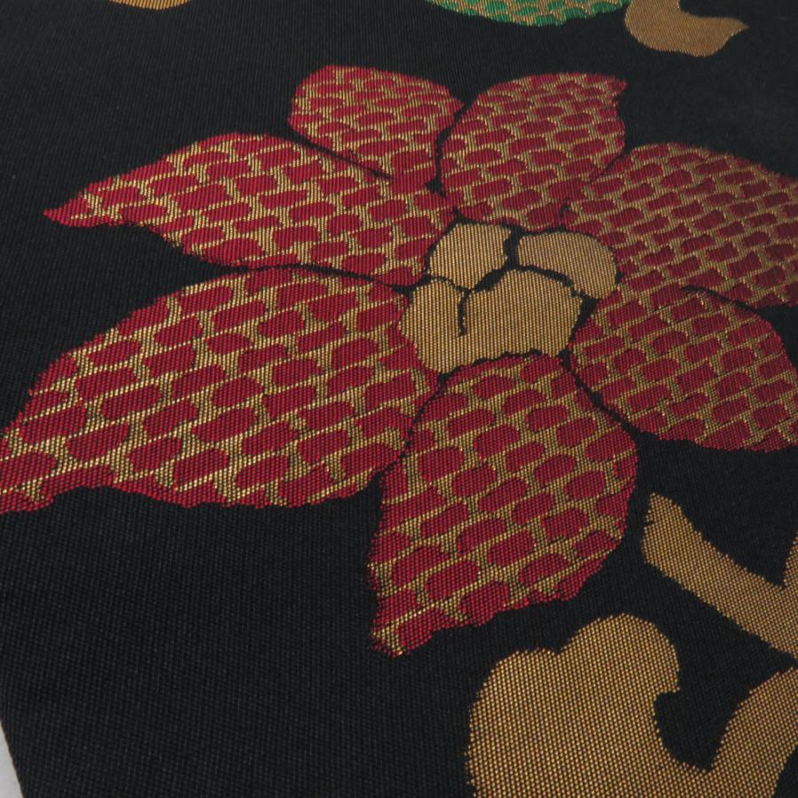 袋帯 花唐草文様 黒色 金糸 正絹 全通柄 着物帯 長さ424cm |  | 05