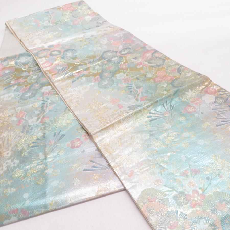 袋帯 本金箔 百彩彩織文 ベージュ色 金糸 正絹 礼装 フォーマル 着物帯 長さ428cm 袋帯 本金箔 百彩彩織文 ベージュ色 金糸 正絹 礼装 フォーマル 着物帯