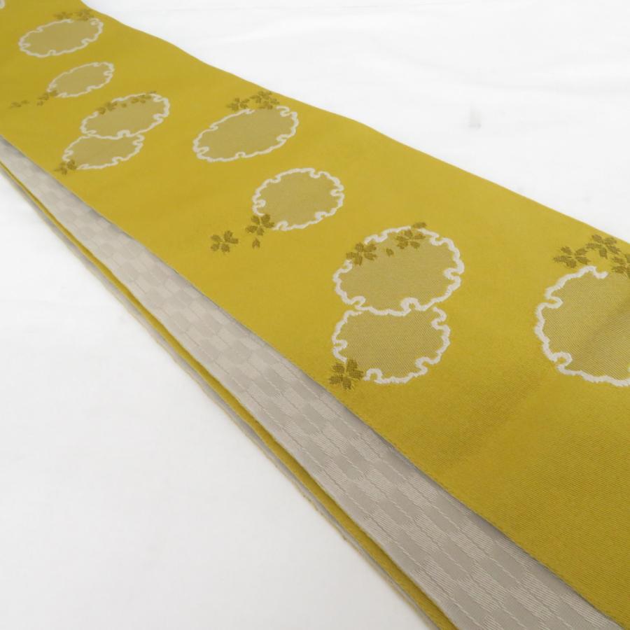 半幅帯 リバーシブル半巾帯 ポリエステル 黄色ｘ灰色 雪輪と桜ｘ矢羽根 小袋帯 仕立て上がり 長さ385cm |  | 01