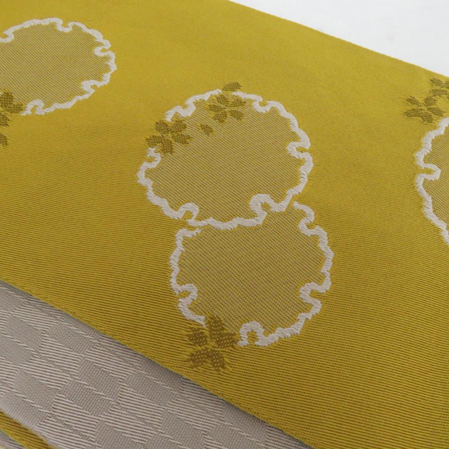 半幅帯 リバーシブル半巾帯 ポリエステル 黄色ｘ灰色 雪輪と桜ｘ矢羽根 小袋帯 仕立て上がり 長さ385cm |  | 02