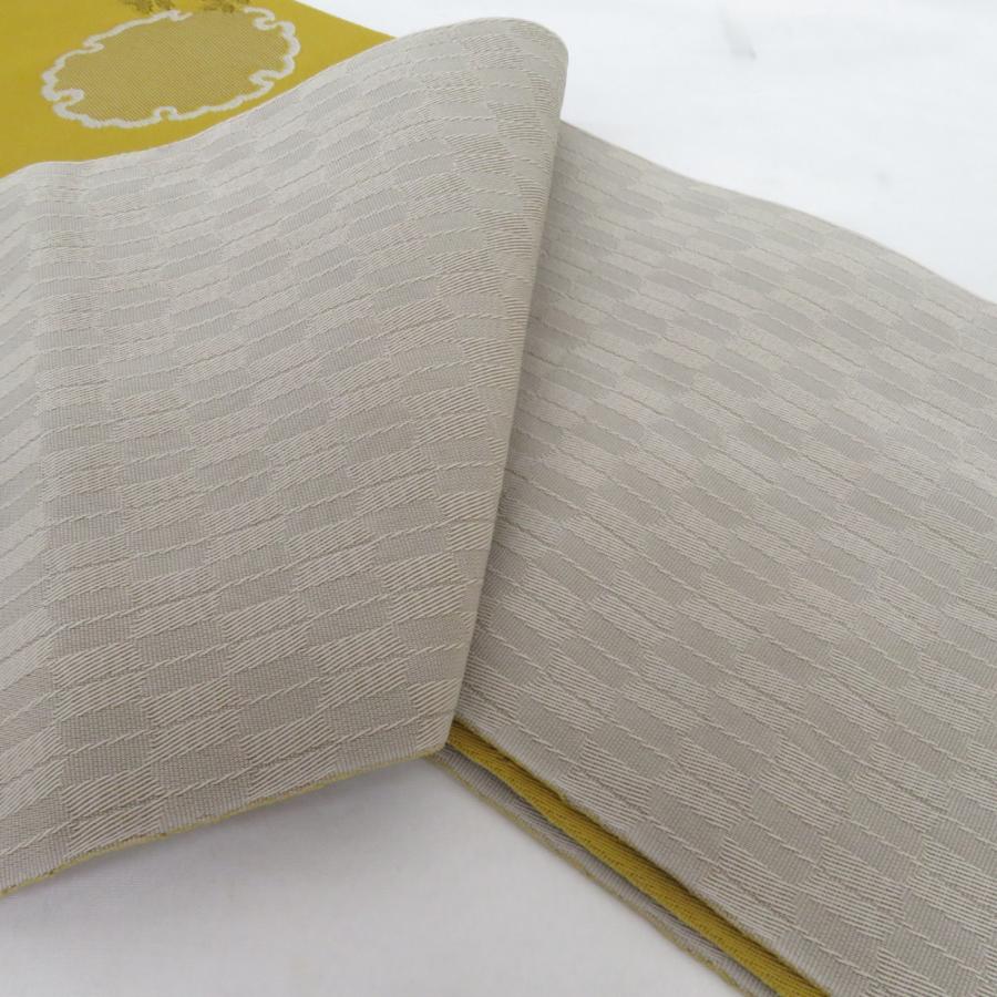 半幅帯 リバーシブル半巾帯 ポリエステル 黄色ｘ灰色 雪輪と桜ｘ矢羽根 小袋帯 仕立て上がり 長さ385cm |  | 03