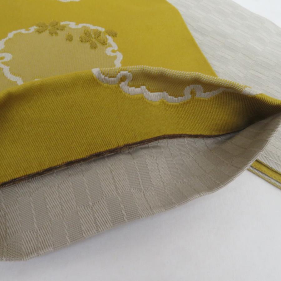 半幅帯 リバーシブル半巾帯 ポリエステル 黄色ｘ灰色 雪輪と桜ｘ矢羽根 小袋帯 仕立て上がり 長さ385cm |  | 04