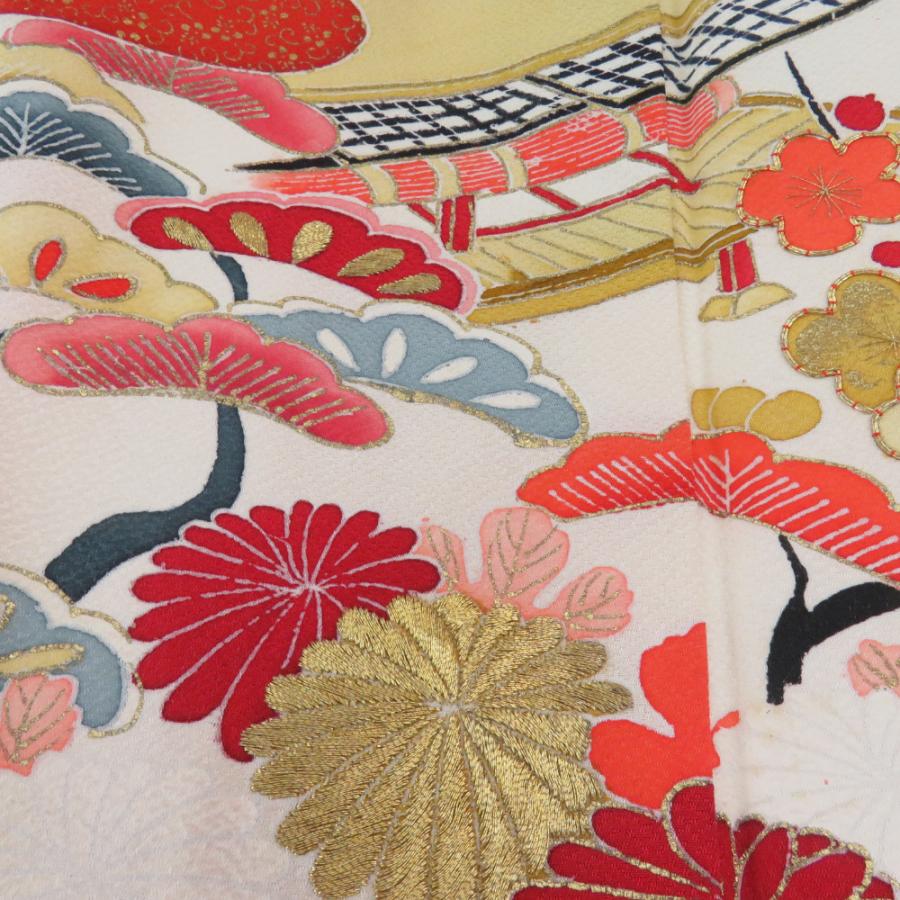 振袖 花吉祥文様 刺繍 箔 ベージュ色 正絹 袷 広衿 成人式 卒業式 フォーマル 昭和レトロ 身丈155cm |  | 02