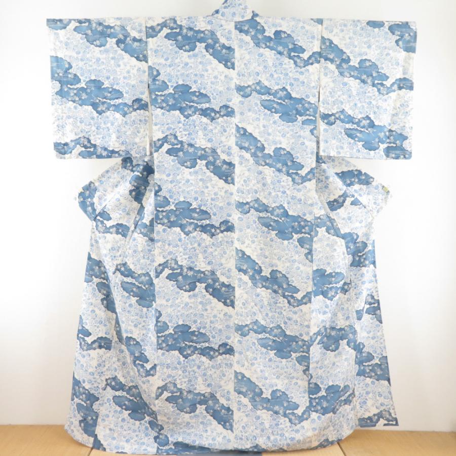 小紋 雲取りに菊文様 単衣 広衿 白色 青色 正絹 仕立て上がり カジュアル着物 身丈161cm | 