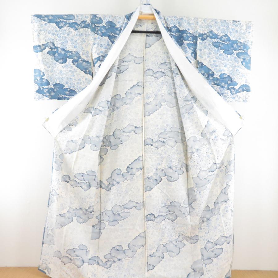 小紋 雲取りに菊文様 単衣 広衿 白色 青色 正絹 仕立て上がり カジュアル着物 身丈161cm |  | 06