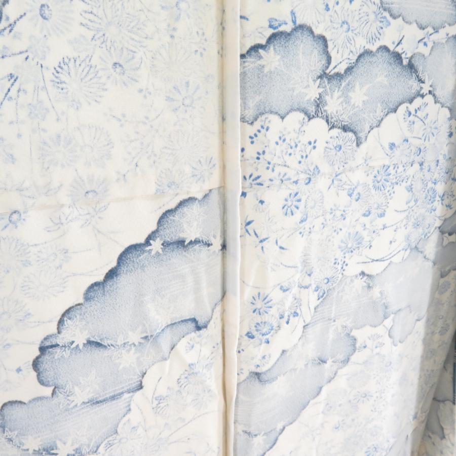 小紋 雲取りに菊文様 単衣 広衿 白色 青色 正絹 仕立て上がり カジュアル着物 身丈161cm |  | 07