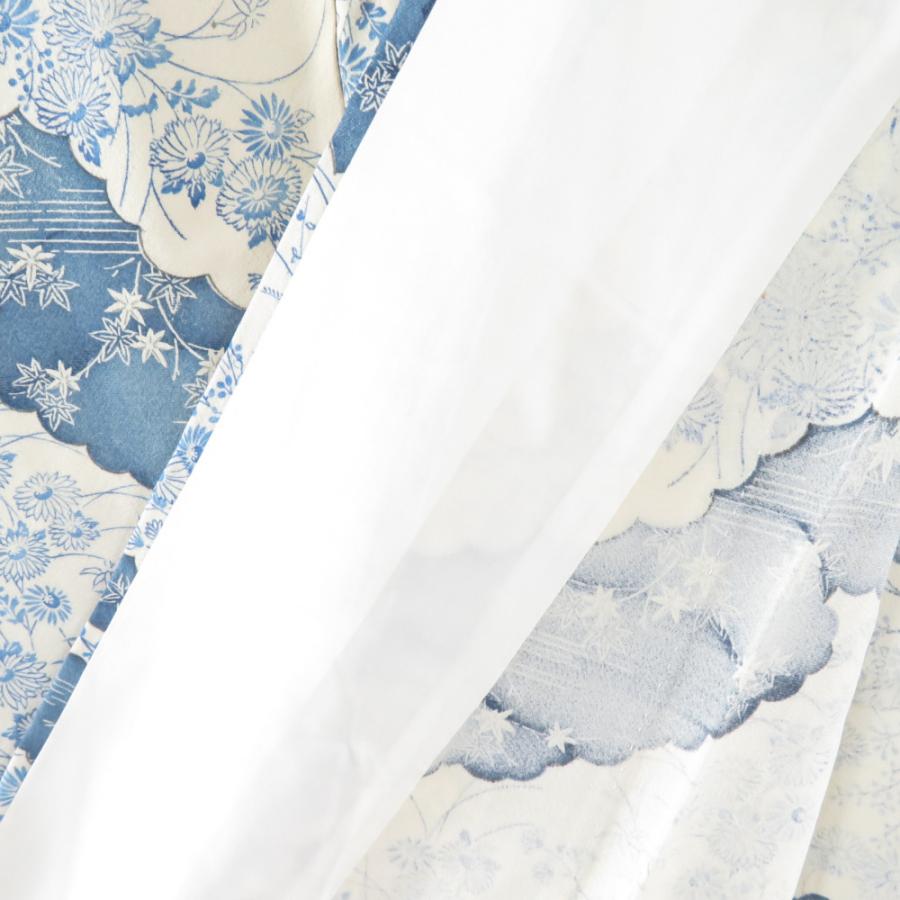 小紋 雲取りに菊文様 単衣 広衿 白色 青色 正絹 仕立て上がり カジュアル着物 身丈161cm |  | 08