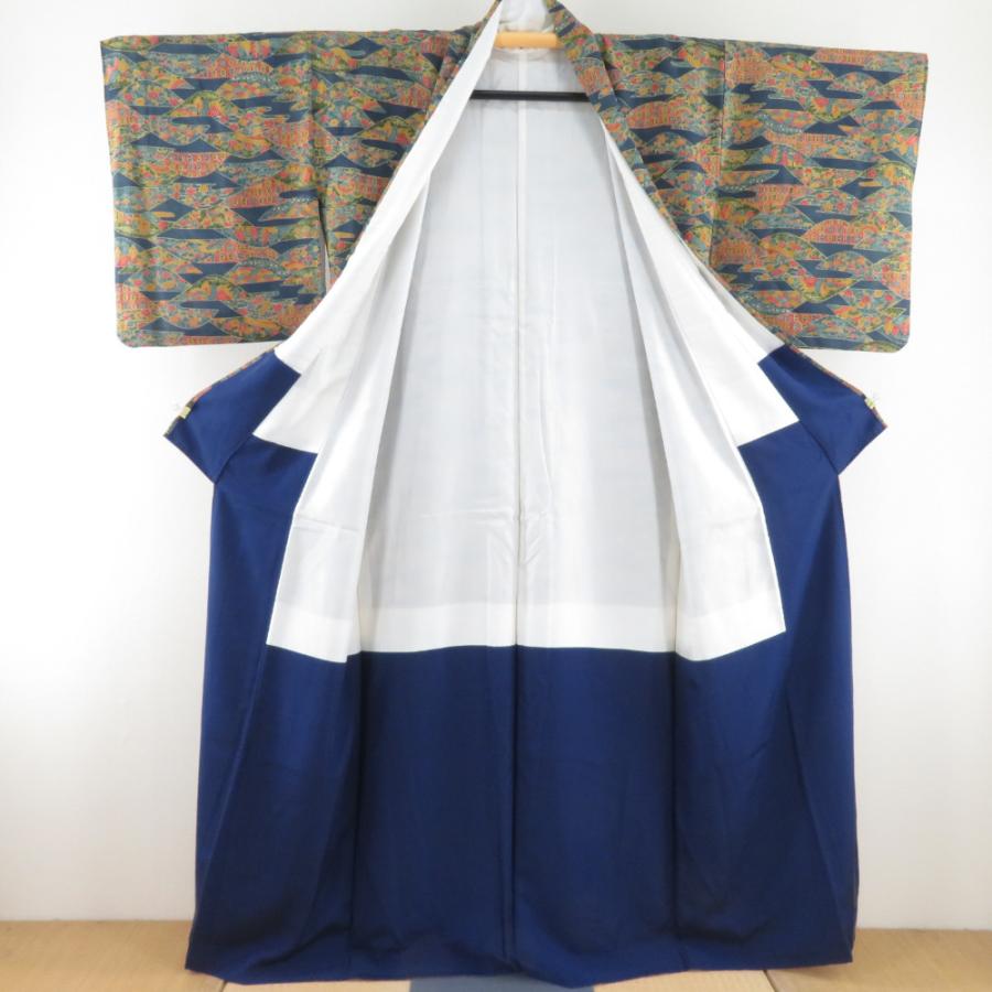 小紋 山並みに花文様 袷 広衿 紺色 正絹 仕立て上がり カジュアル着物 身丈157cm |  | 05