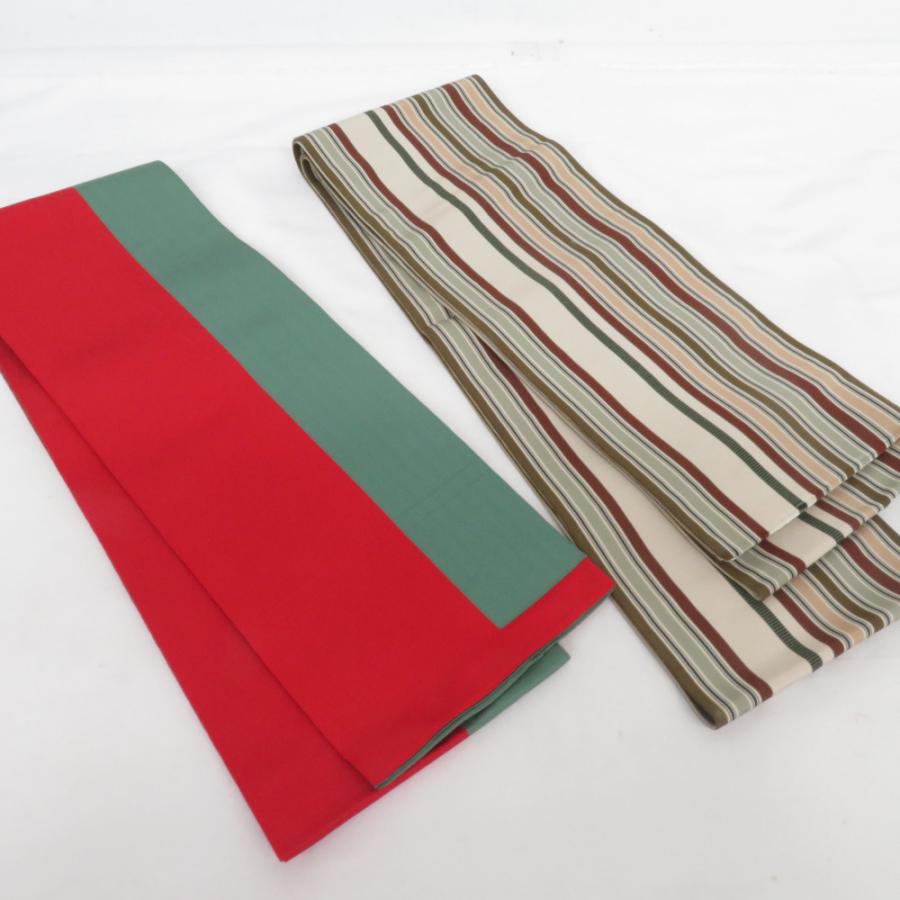 半幅帯 2本セット 縞柄 赤緑色 薄茶色 正絹 半巾帯 小袋帯 仕立て上がり 長さ360cm | 