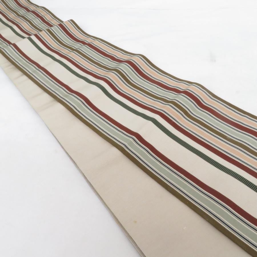 半幅帯 2本セット 縞柄 赤緑色 薄茶色 正絹 半巾帯 小袋帯 仕立て上がり 長さ360cm |  | 06