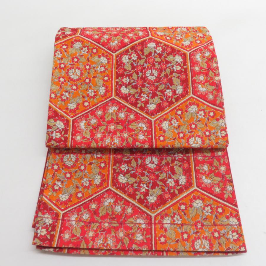 袋帯 亀甲に更紗文様 絹 全通柄 橙色 カジュアル 未仕立て品 着物帯 長さ420cm | 