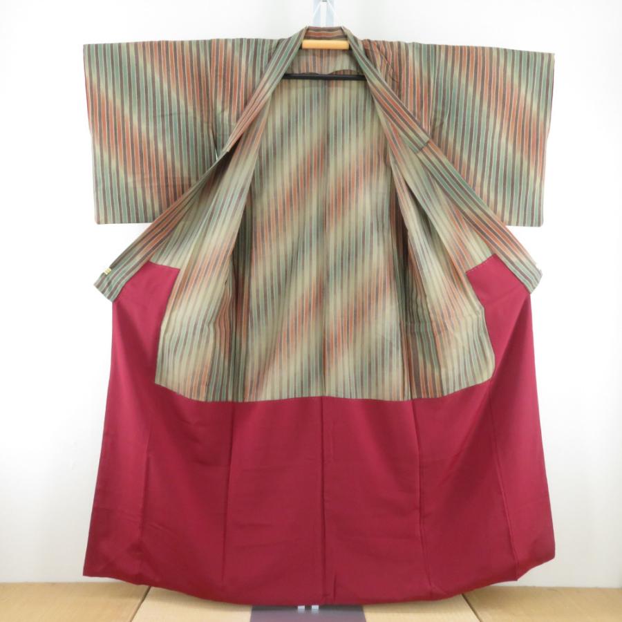 小紋 縞文様 胴抜き単衣 バチ衿 茶色 ポリエステル 洗える着物 仕立て上がり カジュアル 身丈155cm |  | 05