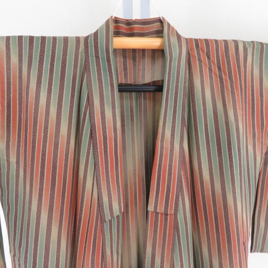 小紋 縞文様 胴抜き単衣 バチ衿 茶色 ポリエステル 洗える着物 仕立て上がり カジュアル 身丈155cm |  | 08