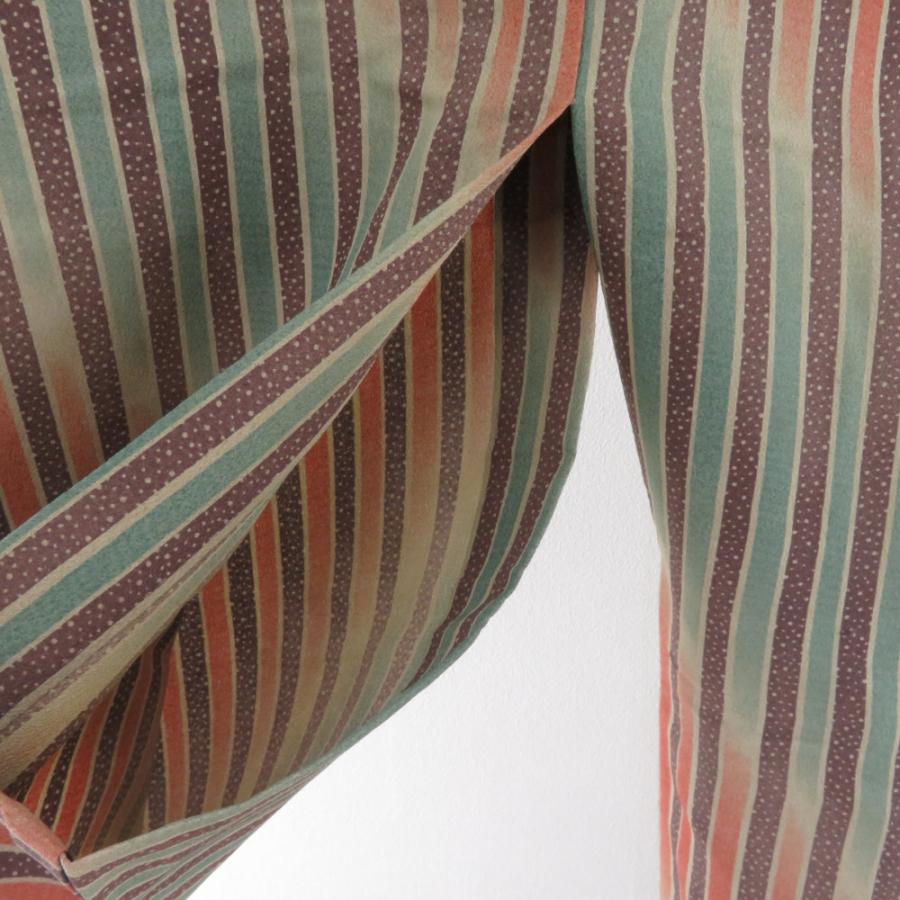 小紋 縞文様 胴抜き単衣 バチ衿 茶色 ポリエステル 洗える着物 仕立て上がり カジュアル 身丈155cm |  | 09