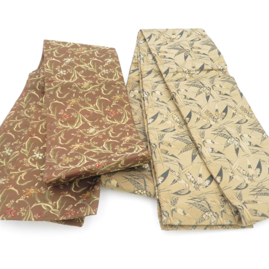 半幅帯 2本セット アンティーク 絹 笹柄 花唐草柄 茶色 半巾帯 レトロ | 