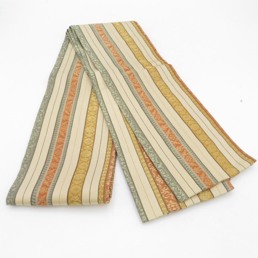 半幅帯 緞子 飾り縞柄 金糸 黄土色 正絹 半巾帯 小袋帯 カジュアル 長さ360cm | 