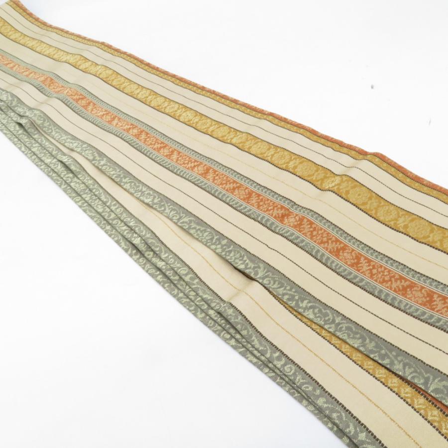 半幅帯 緞子 飾り縞柄 金糸 黄土色 正絹 半巾帯 小袋帯 カジュアル 長さ360cm |  | 01