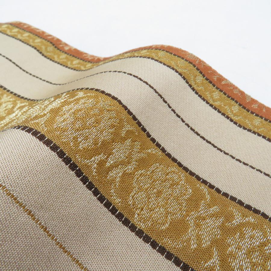 半幅帯 緞子 飾り縞柄 金糸 黄土色 正絹 半巾帯 小袋帯 カジュアル 長さ360cm |  | 03