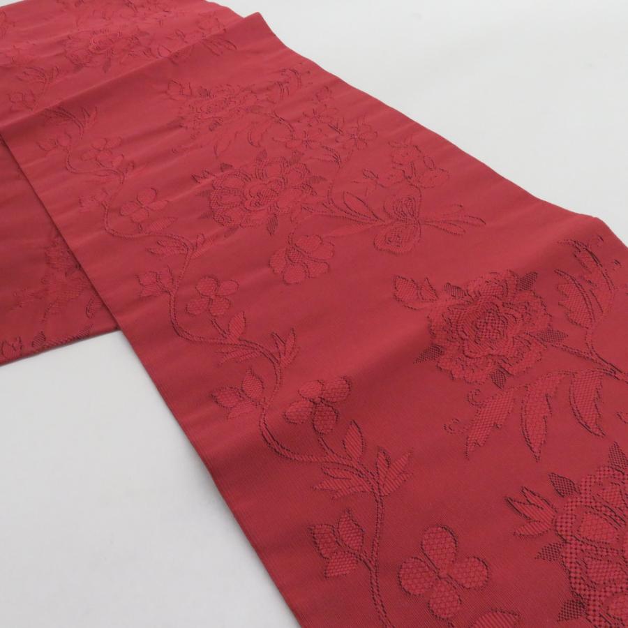 名古屋帯 綴れ 花唐草 正絹 赤紫色 全通柄 八寸帯 着物帯 長さ368cm |  | 01