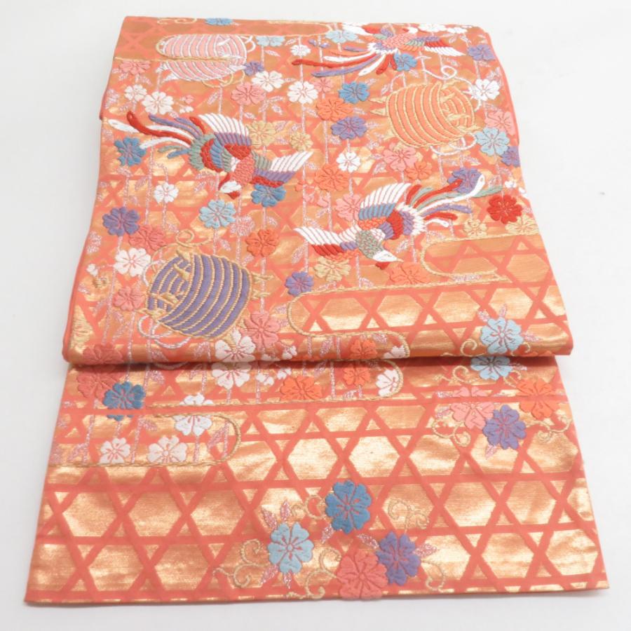 袋帯 振袖用 桜に鳳凰文様 桃橙色 金糸 唐織 六通柄 正絹 仕立て上がり 着物帯 長さ424cm | 