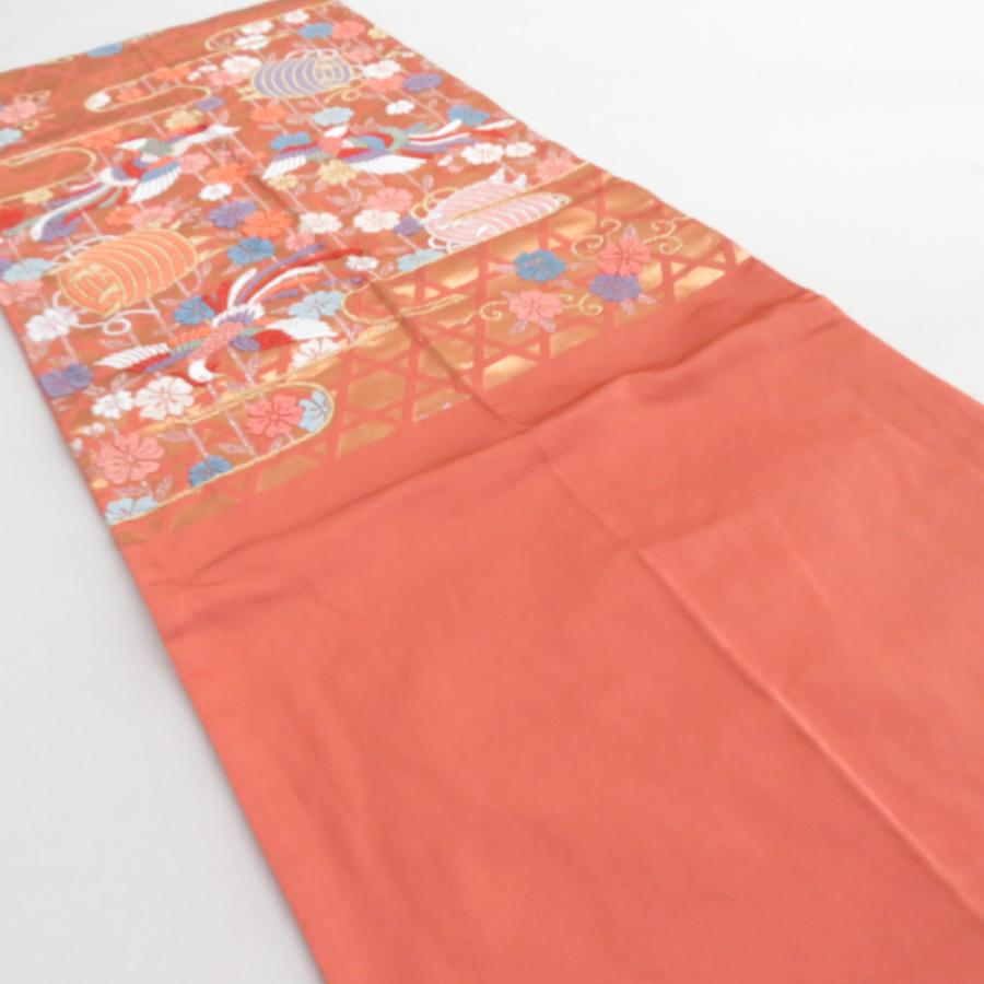 袋帯 振袖用 桜に鳳凰文様 桃橙色 金糸 唐織 六通柄 正絹 仕立て上がり 着物帯 長さ424cm |  | 02