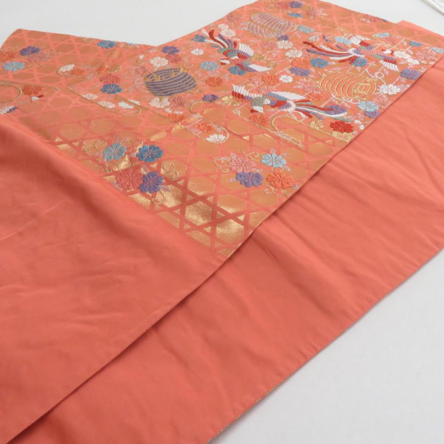 袋帯 振袖用 桜に鳳凰文様 桃橙色 金糸 唐織 六通柄 正絹 仕立て上がり 着物帯 長さ424cm |  | 03