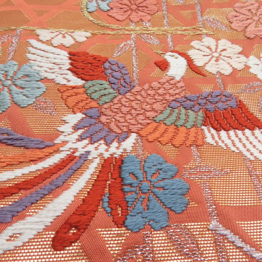 袋帯 振袖用 桜に鳳凰文様 桃橙色 金糸 唐織 六通柄 正絹 仕立て上がり 着物帯 長さ424cm |  | 05