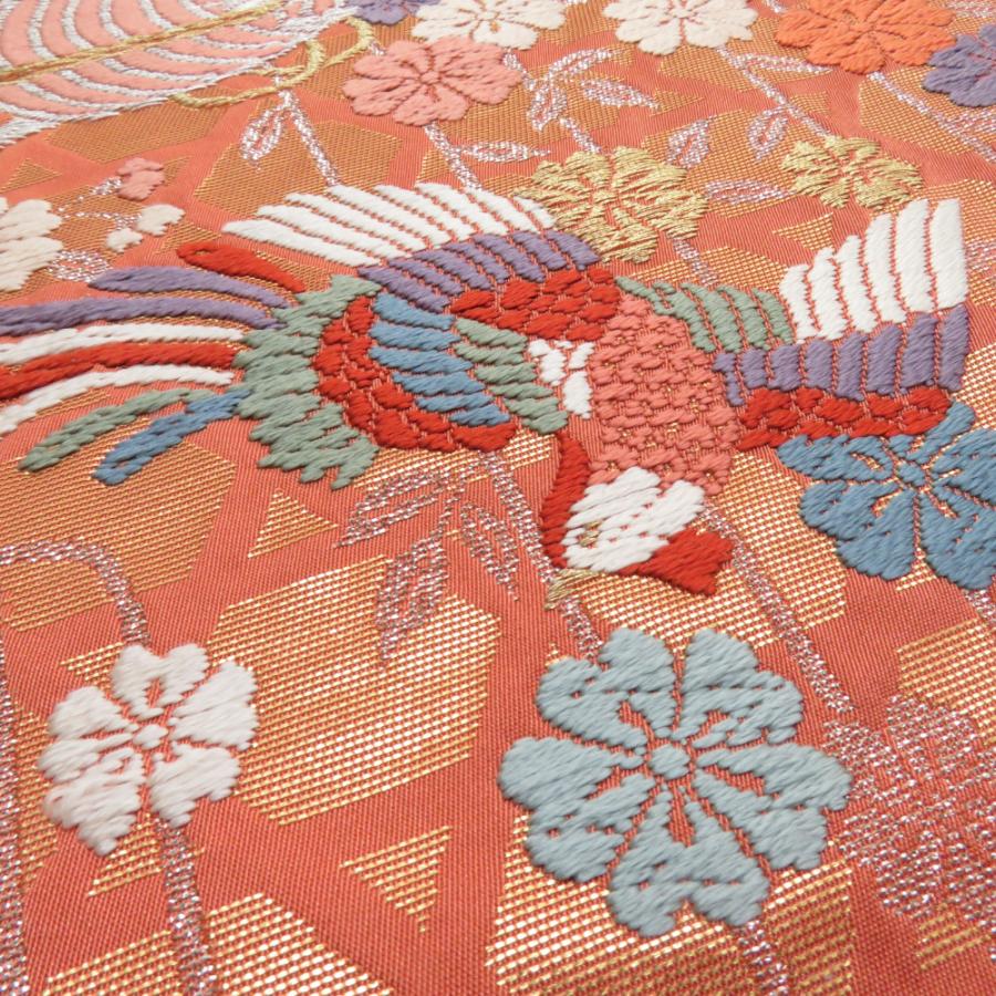 袋帯 振袖用 桜に鳳凰文様 桃橙色 金糸 唐織 六通柄 正絹 仕立て上がり 着物帯 長さ424cm |  | 06