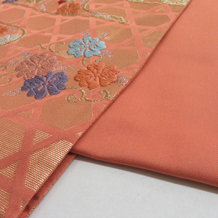 袋帯 振袖用 桜に鳳凰文様 桃橙色 金糸 唐織 六通柄 正絹 仕立て上がり 着物帯 長さ424cm |  | 08